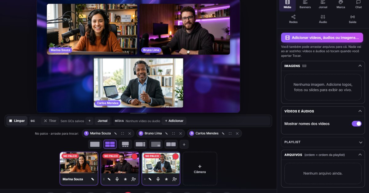 Tela do Cast Desk com três convidados em vídeo ao vivo e o painel de mídia ao lado